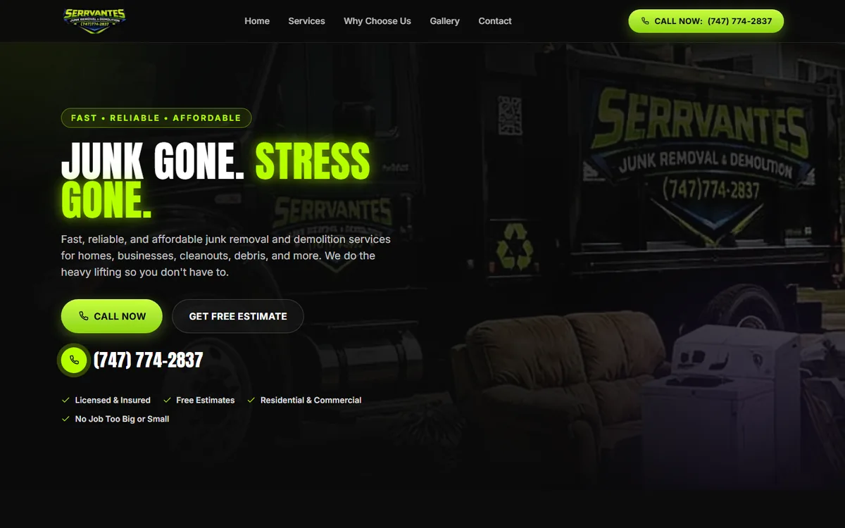Serrvantes Junk Removal and Demolition website homepage